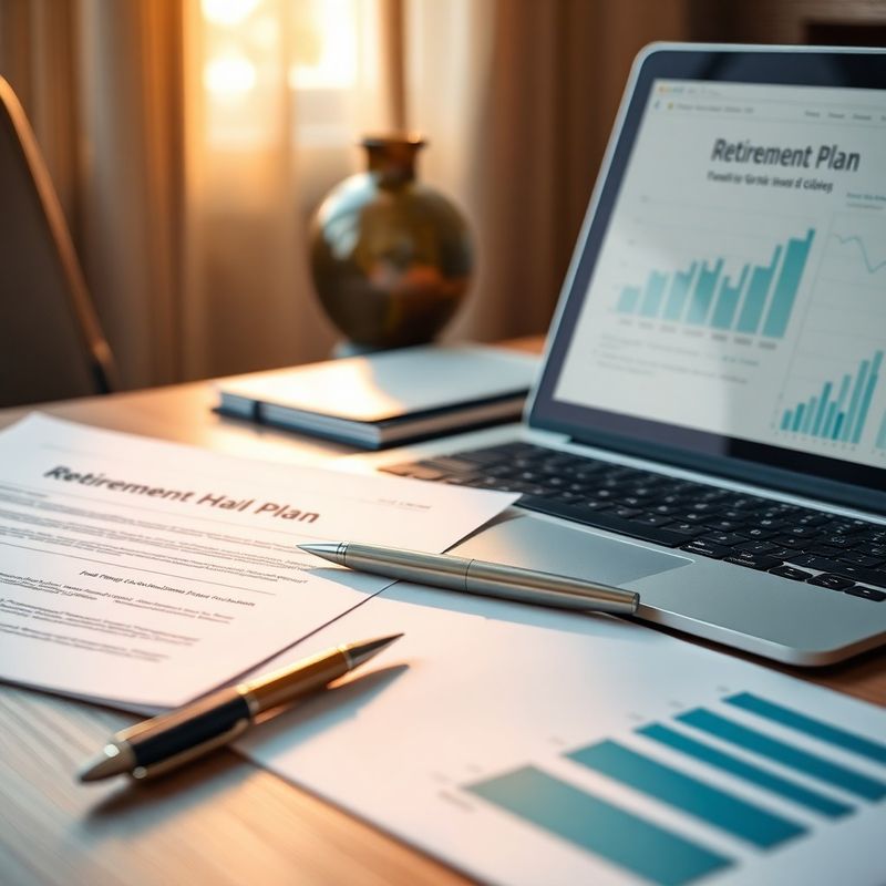 Pracovní stůl finančního poradce s tištěným plánem, perem a notebookem